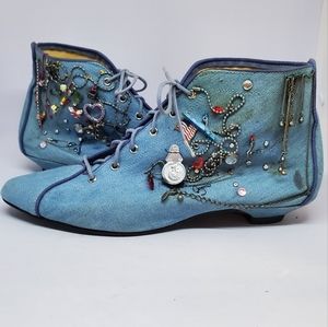 Preowned Customized Vintage Blue Buskens Tie Up Ankle Boots Size Women's 8